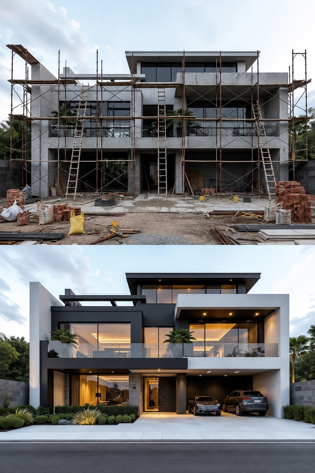 Comparativa de una villa en obra y el resultado final ya terminado
