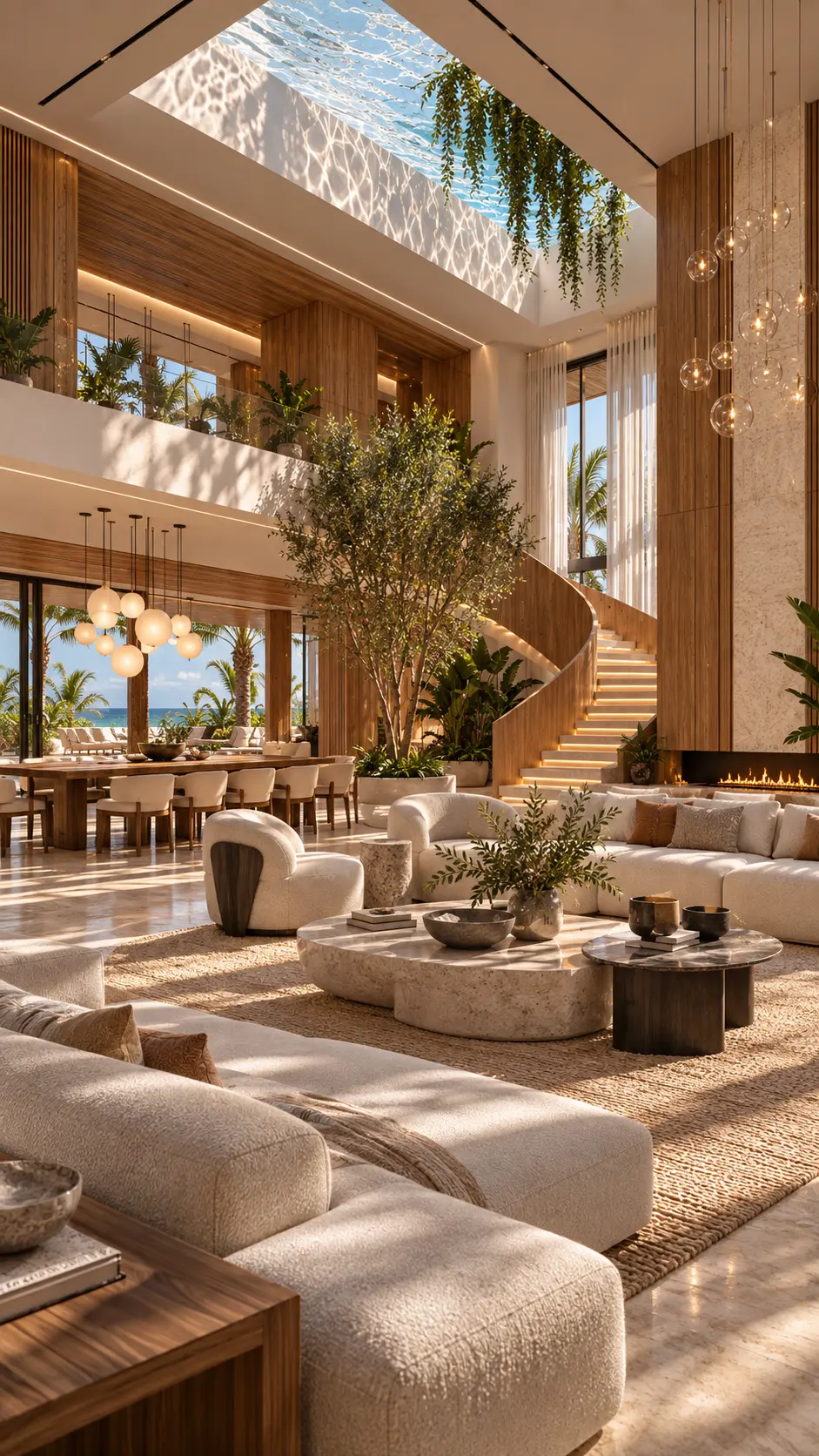 Salón de doble altura con escalera curva de madera y lucernario