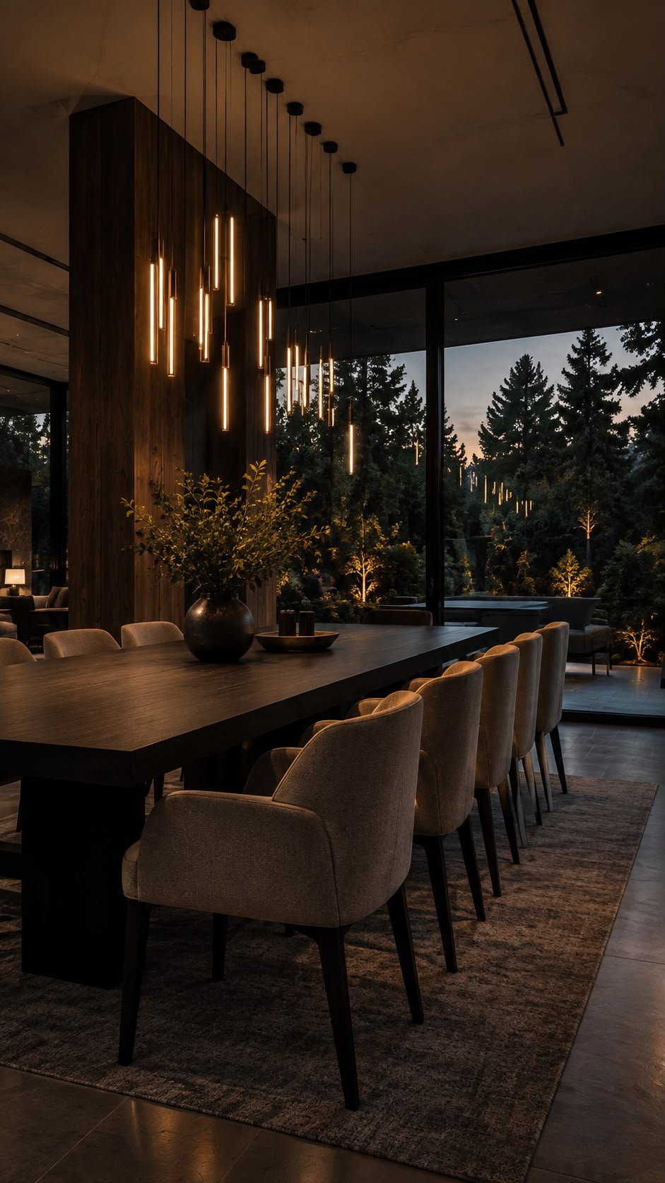 Comedor de la propiedad de Vancouver con luminarias suspendidas y ventanales