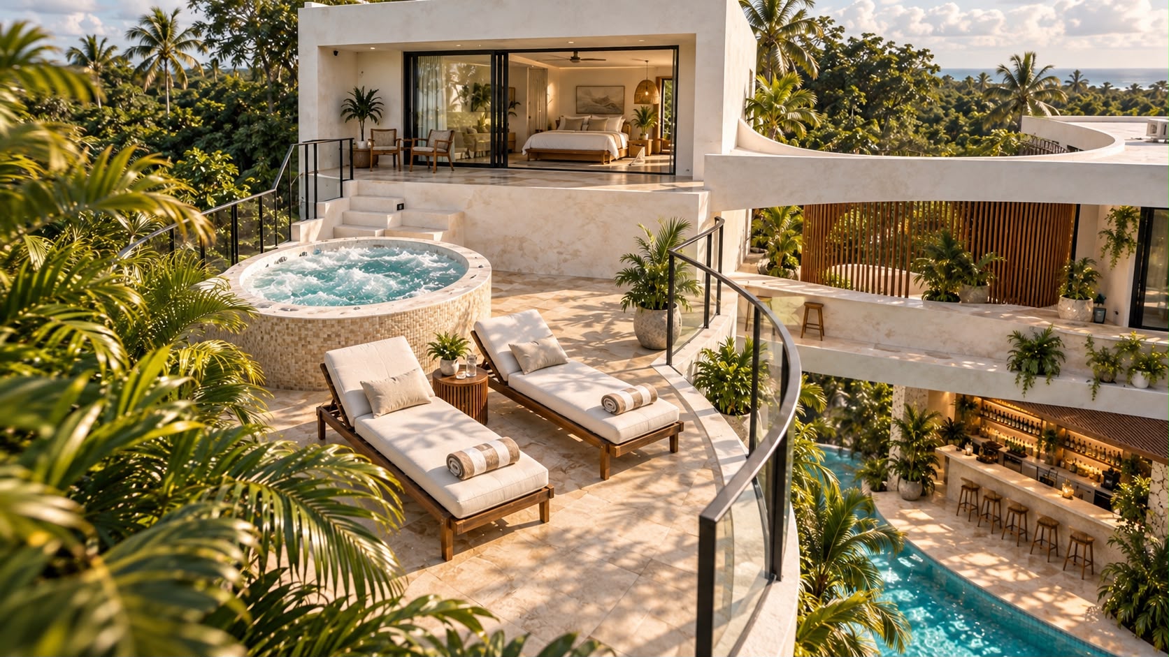 Terraza superior con jacuzzi y vistas a la vegetación tropical