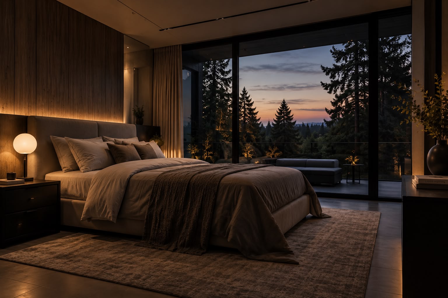 Dormitorio principal de la propiedad de Vancouver con vistas al bosque