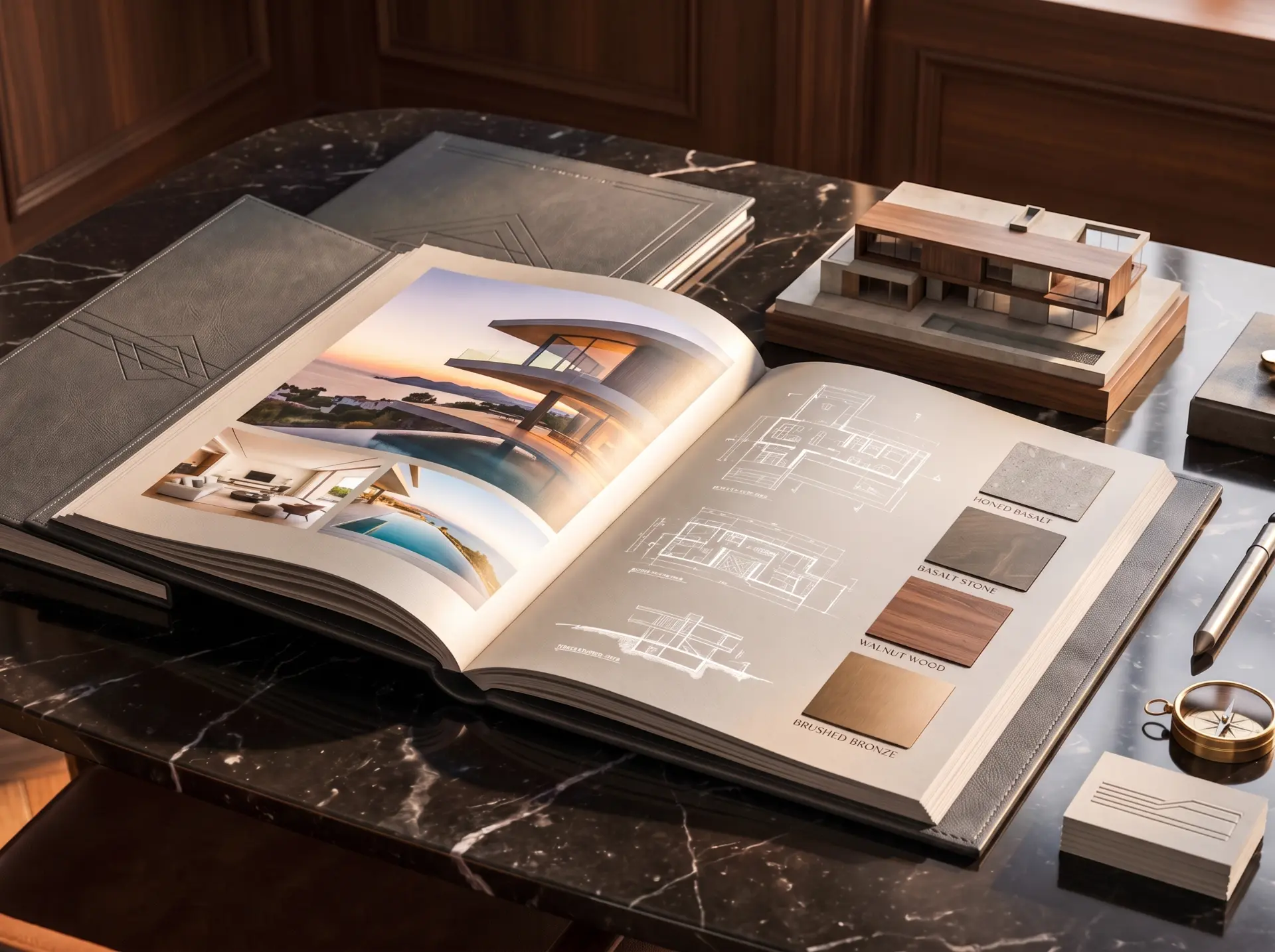 Libro de proyecto con planos, render y muestras de material