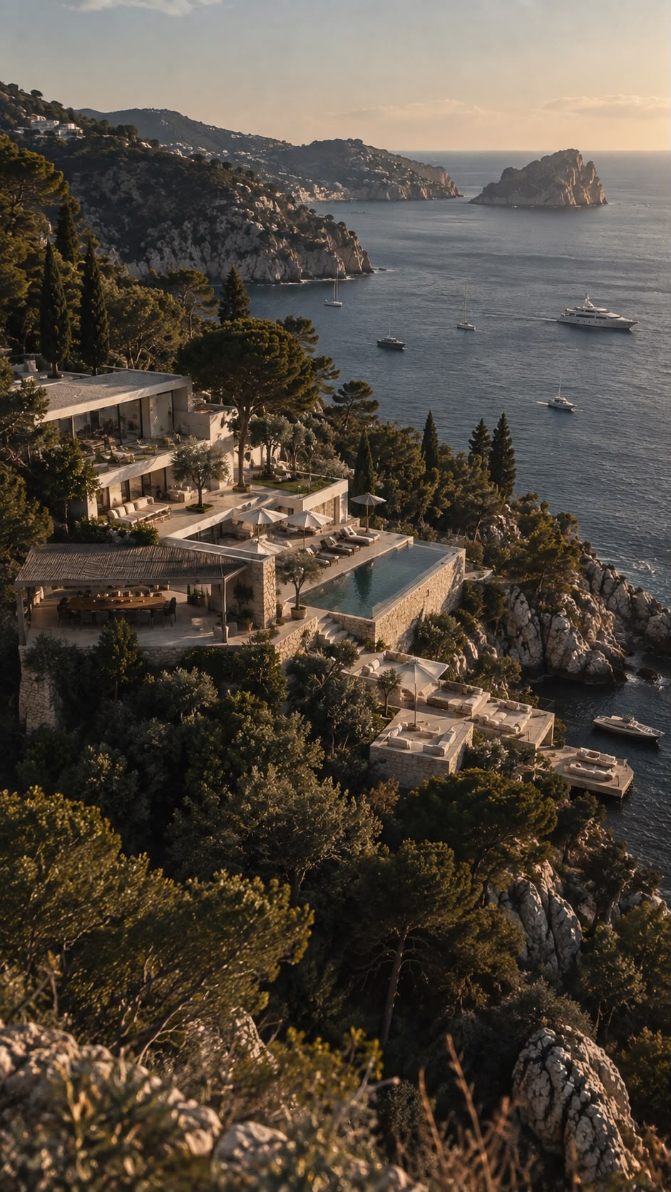 Vista aérea de Villa Mallorca entre pinos sobre acantilados y el mar al atardecer