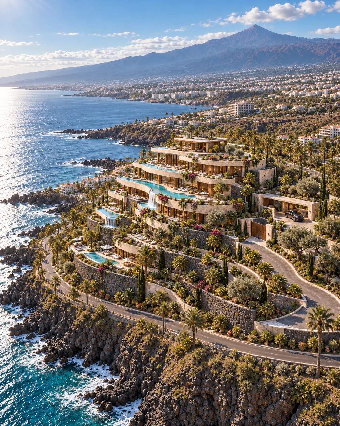 Vista aérea de Beyond Residence escalonada sobre la costa volcánica