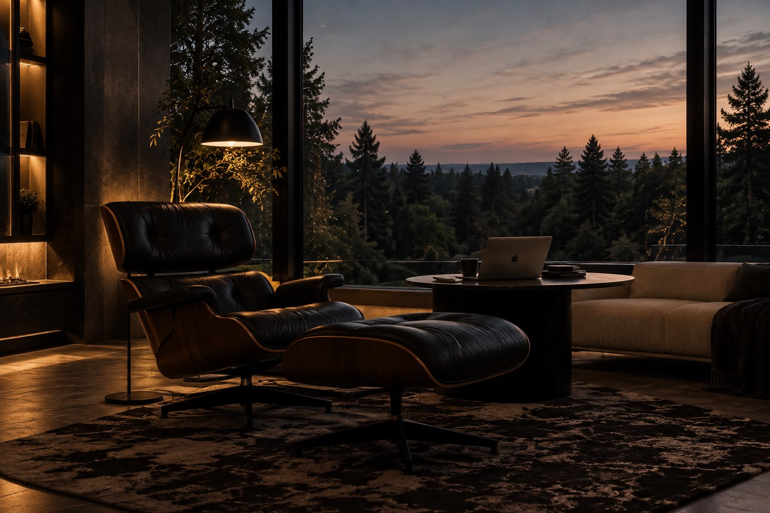 Sala de estudio de la propiedad de Vancouver con vistas panorámicas al bosque