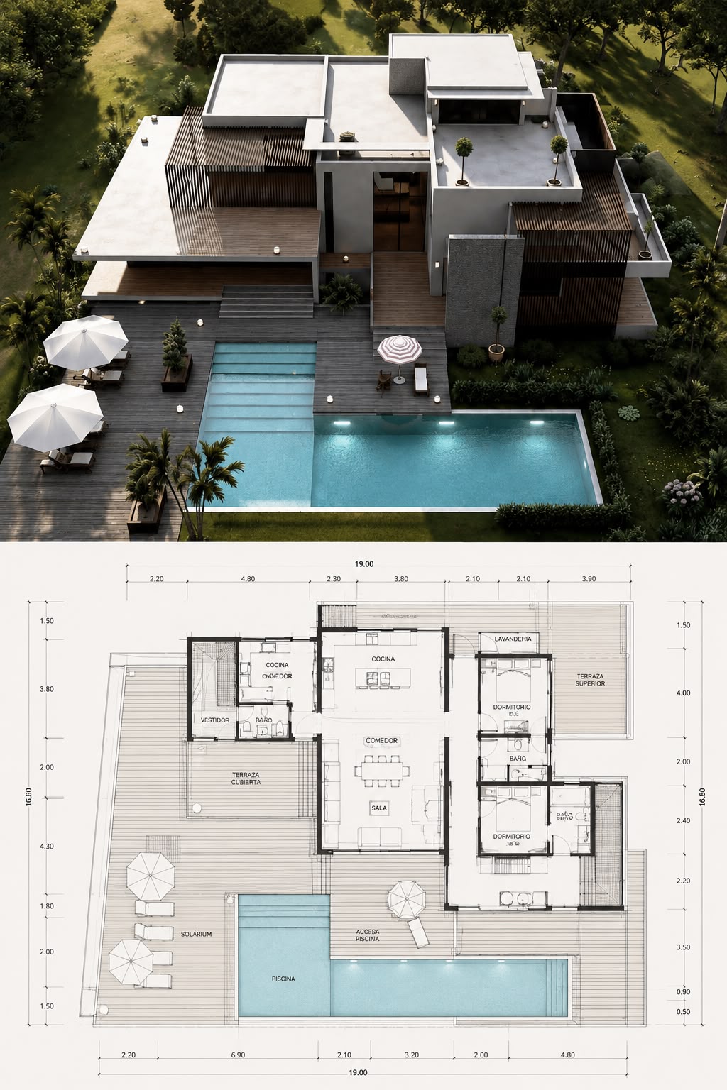 Villa contemporánea con piscina y plano arquitectónico