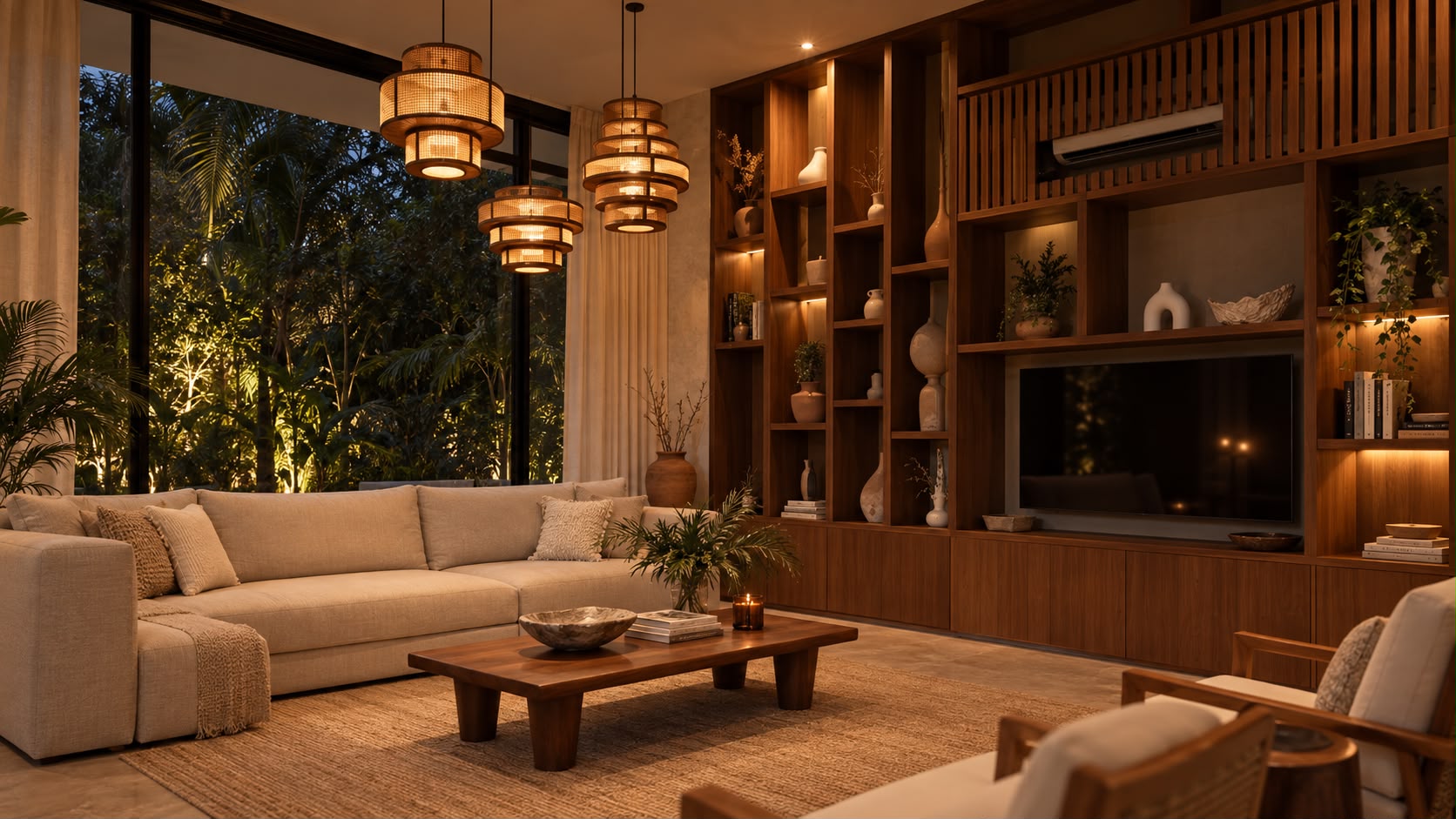 Salón de Villa Aqua con madera, luz cálida y vegetación tropical