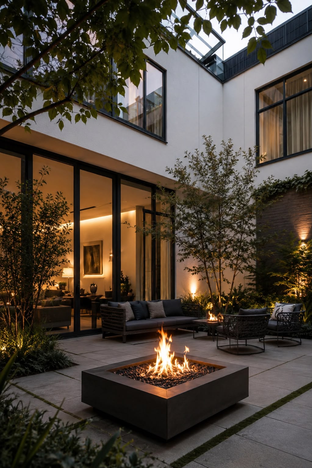 Villa contemporánea con patio interior y fuego al atardecer