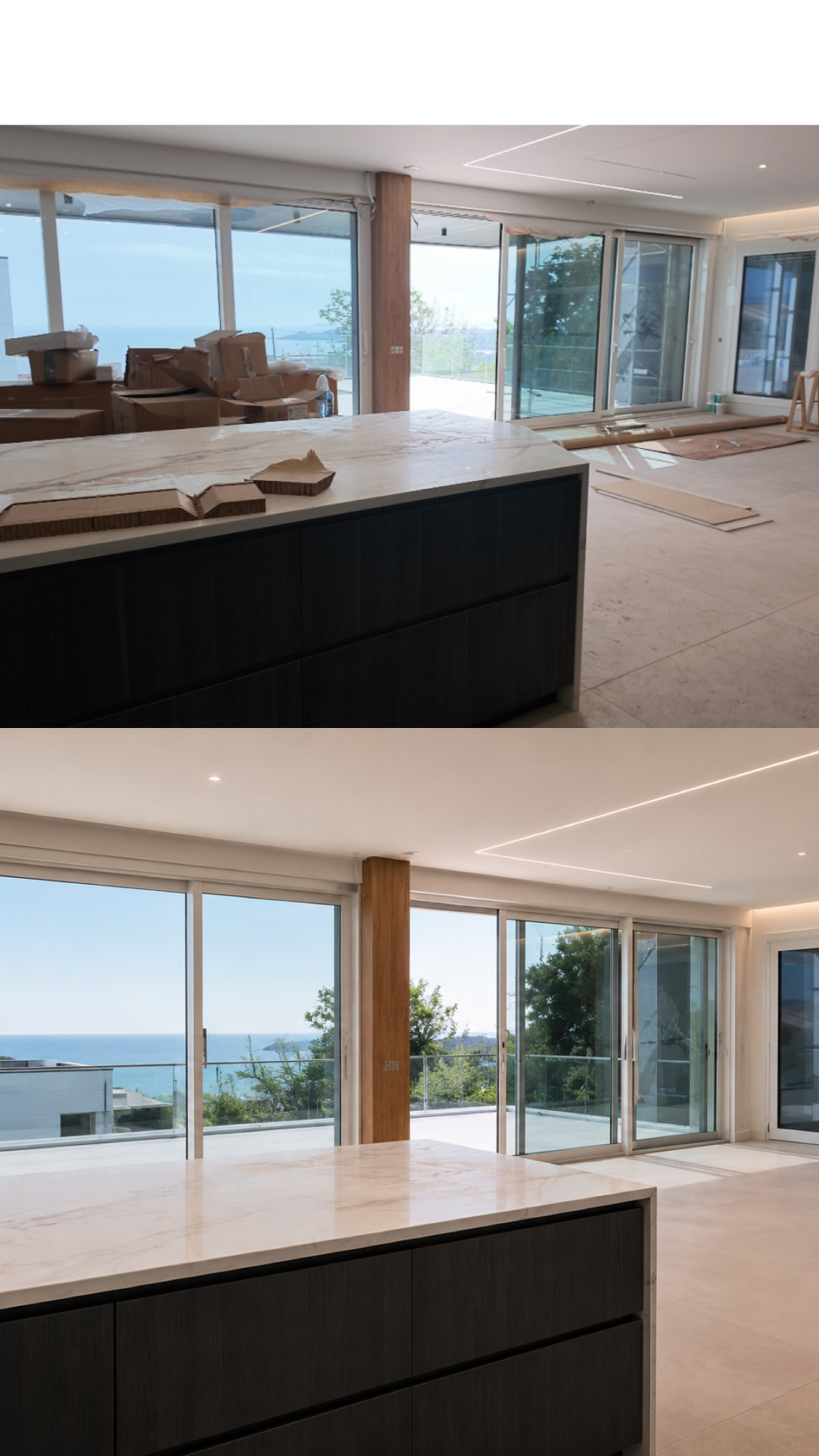 Salón cocina con vistas al mar: antes y después
