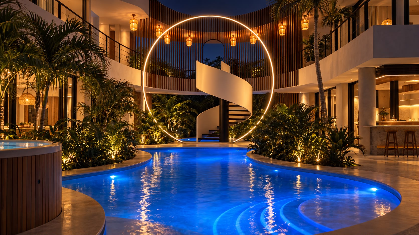 Piscina central de Villa Aqua frente a una escalera escultórica iluminada