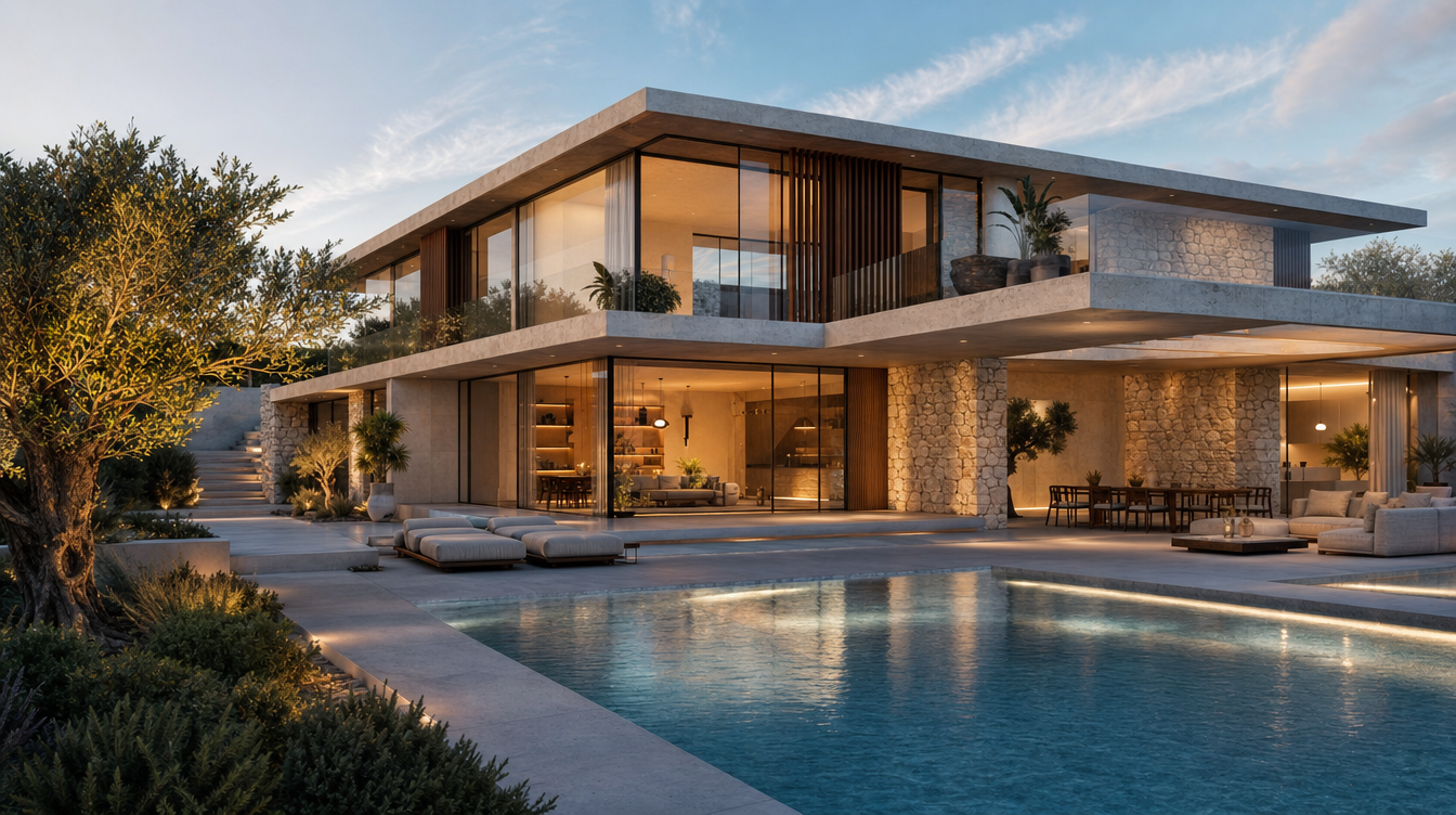 Villa contemporánea de lujo con piscina al atardecer