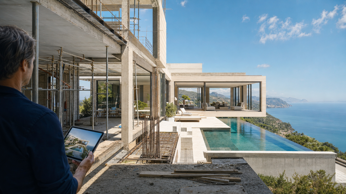 Villa de obra nueva en construcción con vistas al mar y piscina infinita