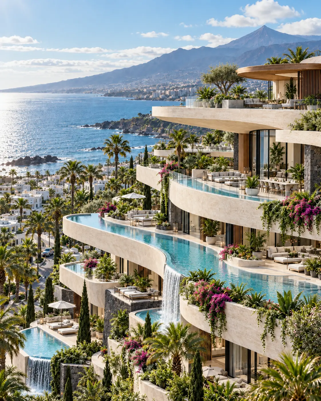 Terrazas curvas de Beyond Residence con piscinas en cascada frente al mar