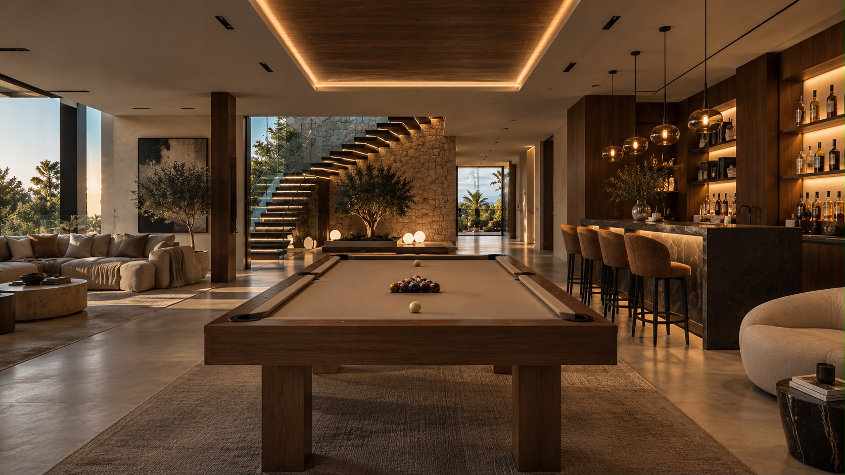 Salón con mesa de billar, bar iluminado y escalera de piedra en Villa Mallorca
