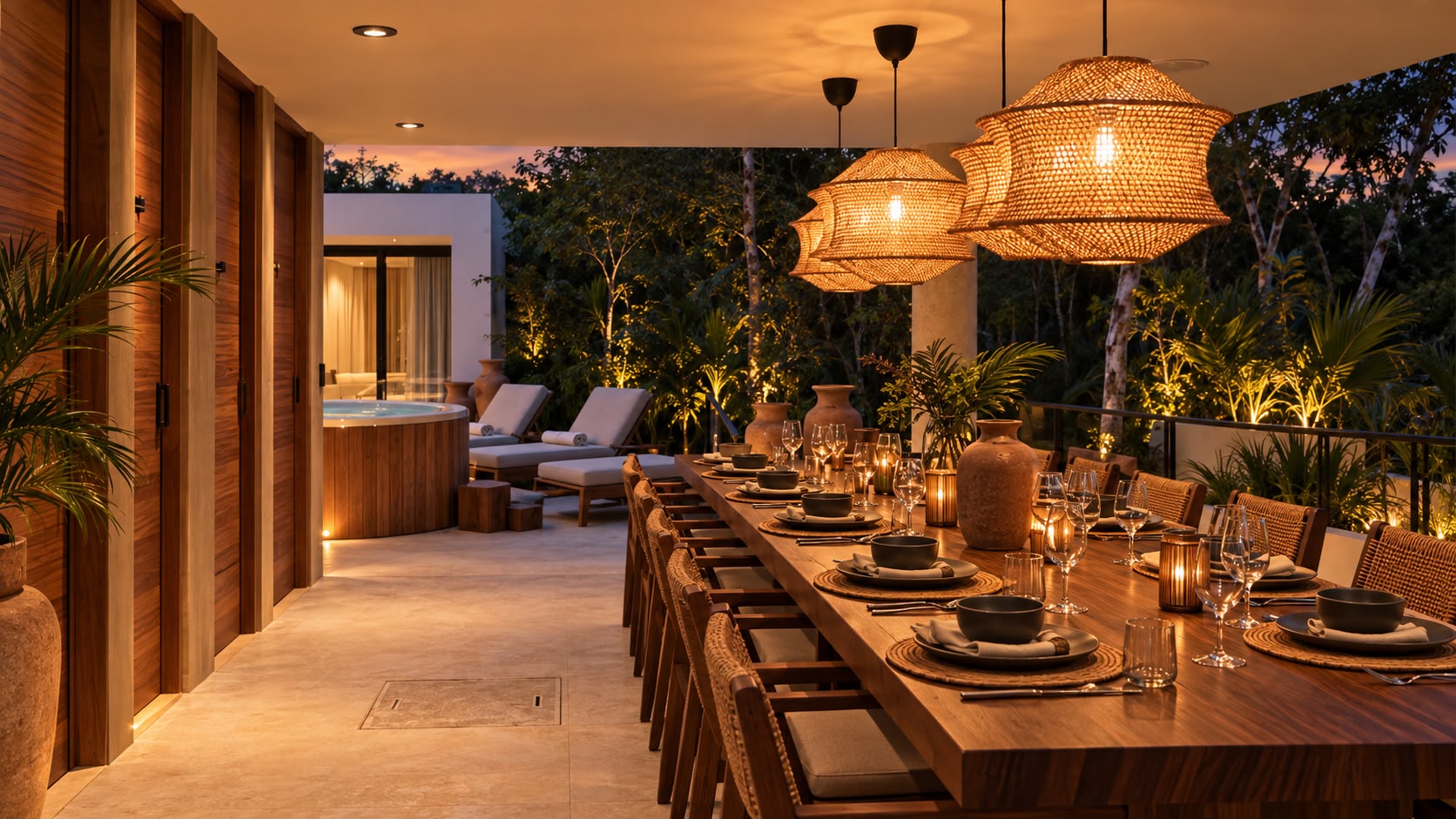 Comedor exterior de Villa Aqua iluminado al atardecer