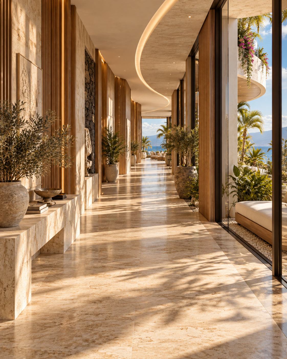 Galería de travertino y madera con vistas al mar