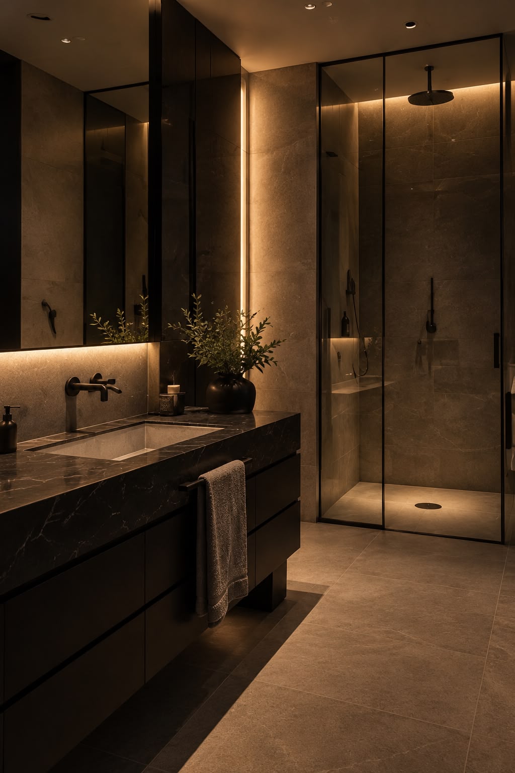 Baño de la propiedad de Vancouver con mármol oscuro y ducha acristalada
