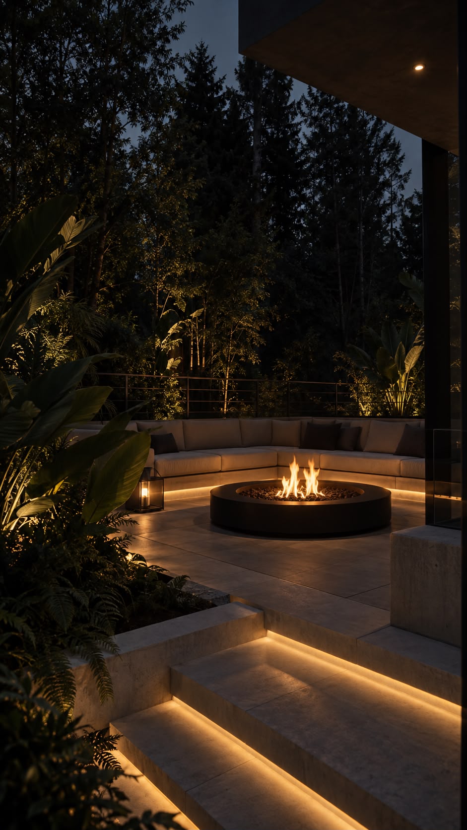 Terraza ajardinada de la propiedad de Vancouver con zona de fuego